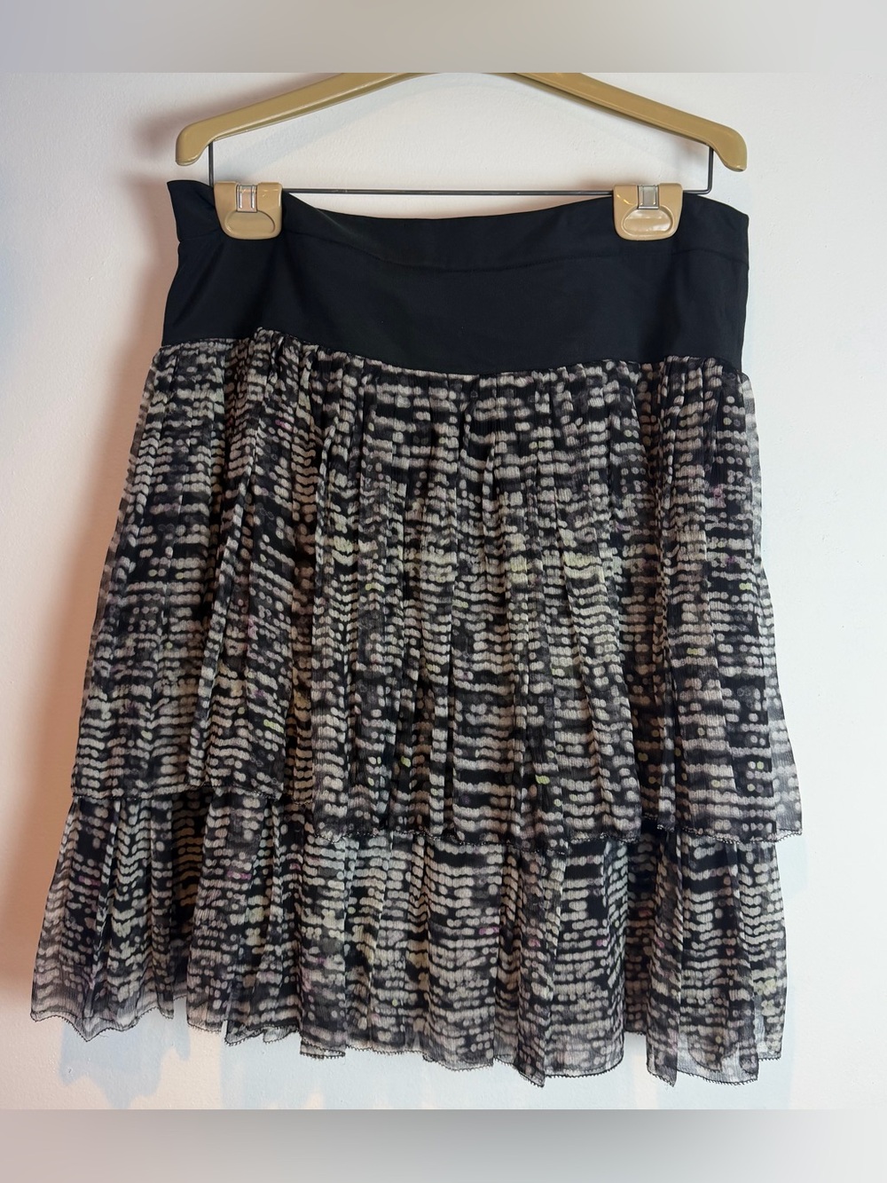 DKNY Silk Tiered Ruffle Mini Skirt Black Abstract Patterned- Y2K